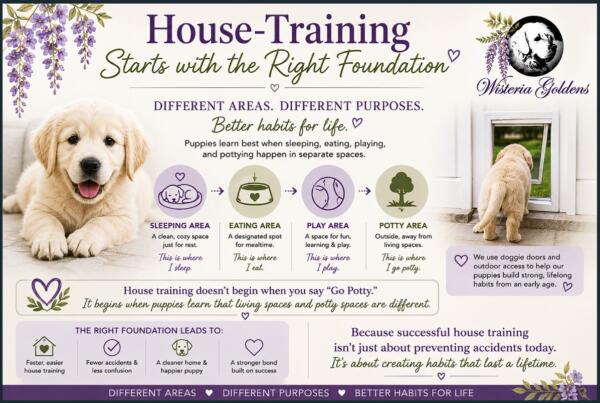 A helpful house-training infographic for a golden retriever puppy from Wisteria Goldens. The graphic illustrates how separate spaces create better habits for life, dividing a puppy’s routine into four distinct zones: a clean sleeping area for rest, a designated eating area for mealtime, a fun play area, and an outdoor potty area reached via a doggie door.
