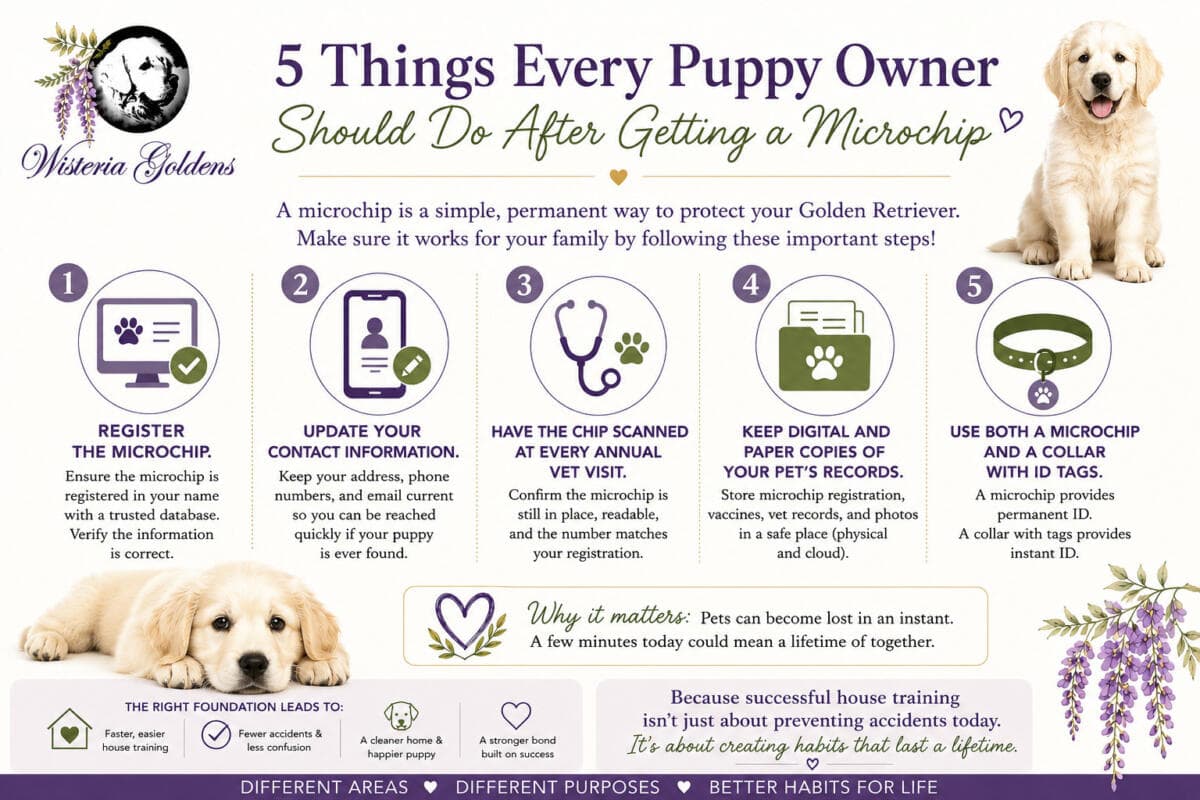 Microchip Registration At Wisteria Goldens, every puppy goes home with a lifetime-paid microchip registration because we believe every dog deserves the best chance of finding their way home if they ever become lost.