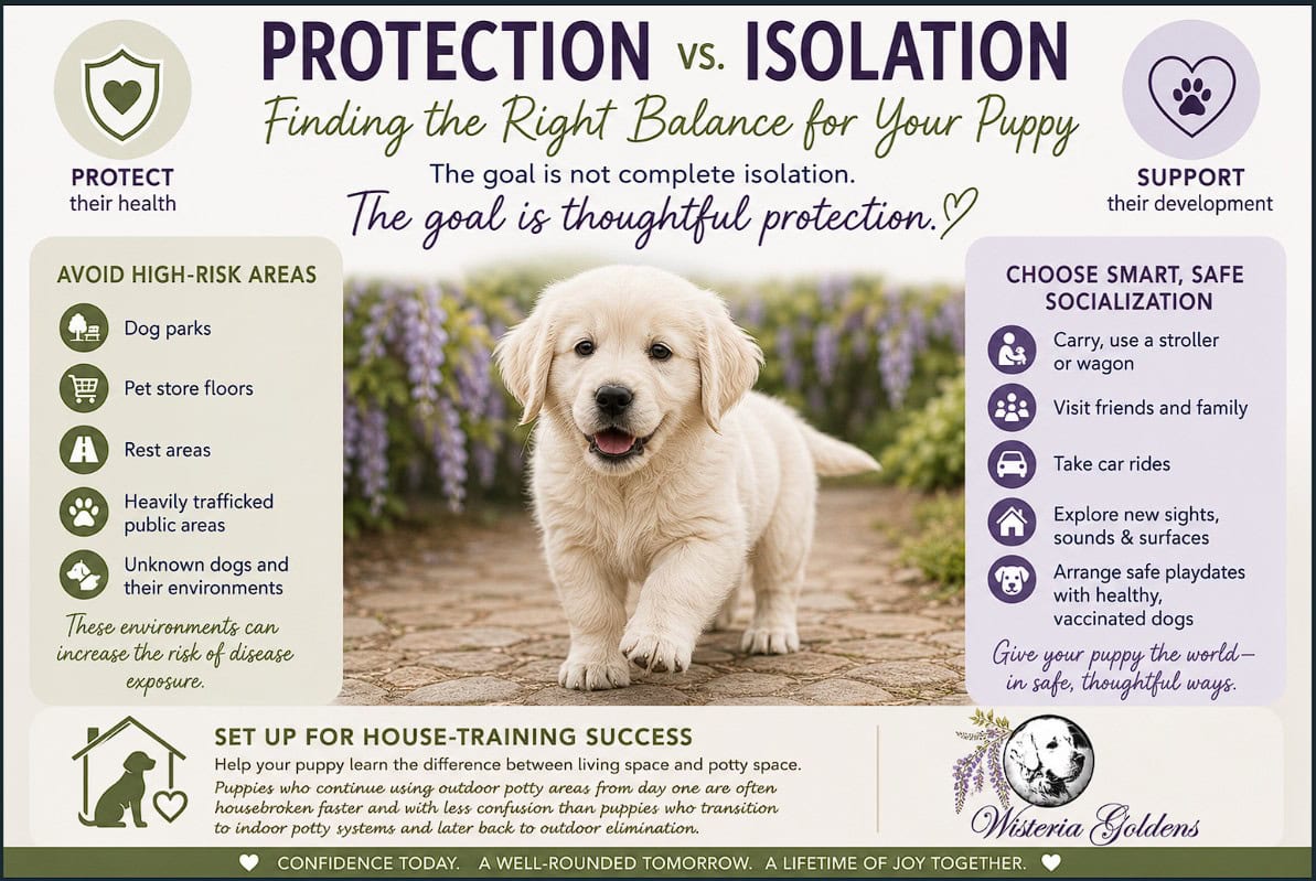 A helpful puppy socialization infographic from Wisteria Goldens titled Protection vs. Isolation: Finding the Right Balance for Your Puppy. The graphic balances health protection with developmental support for a golden retriever puppy, listing high-risk areas to avoid like dog parks and pet store floors, alongside smart, safe socialization ideas like using a stroller, taking car rides, and visiting friends.