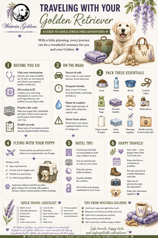 Traveling with Your Golden Retriever: A Complete Guide to Safe & Stress-Free Adventures Whether you're bringing home your new Wisteria Goldens puppy, planning a family vacation, or heading out on a weekend getaway, traveling with your Golden Retriever can be one of life's greatest joys.